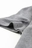 Gray Lace Crochet Waffle Knit Ruffled V Neck Top
