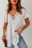 White Lace Crochet Waffle Knit Ruffled V Neck Top