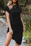 Black Side Shirring Short Sleeve Mini Dress