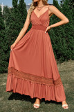 Plain V Neck High Waist Lace Tape Splicing Hem Maxi Dress