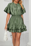Plain Texture Leopard Split Collar High Waist Ruffles Dress
