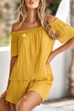 Plain Off Shoulder Smocked 2PCS Short Sets