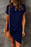 Blue Side Shirring Short Sleeve Mini Dress