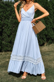 Plain V Neck High Waist Lace Tape Splicing Hem Maxi Dress