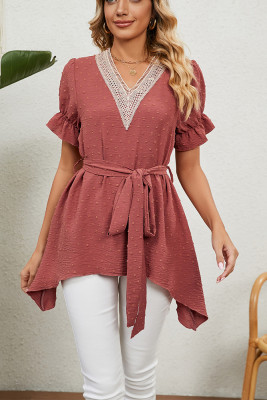 Swiss Dot V Neck Lace Edge Babydoll Top