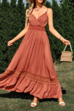 Plain V Neck High Waist Lace Tape Splicing Hem Maxi Dress
