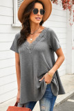 Gray Lace Crochet Waffle Knit Ruffled V Neck Top