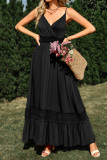 Plain V Neck High Waist Lace Tape Splicing Hem Maxi Dress