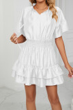 Plain Texture Leopard Split Collar High Waist Ruffles Dress