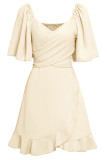 Twisted V Neck Smocked Back Ruffles Dress
