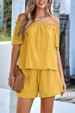 Plain Off Shoulder Smocked 2PCS Short Sets