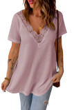 Pink Lace Crochet Waffle Knit Ruffled V Neck Top