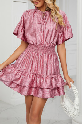 Plain Texture Leopard Split Collar High Waist Ruffles Dress
