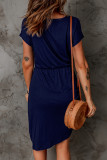 Blue Side Shirring Short Sleeve Mini Dress