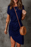 Blue Side Shirring Short Sleeve Mini Dress