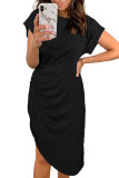 Black Side Shirring Short Sleeve Mini Dress