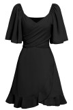 Twisted V Neck Smocked Back Ruffles Dress