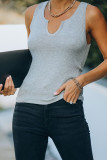 Gray Split Neck Ribbed Knit Tank Top