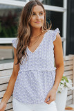 Blue White Striped V Neck Ruffles Tank