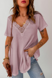 Pink Lace Crochet Waffle Knit Ruffled V Neck Top