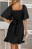 Twisted V Neck Smocked Back Ruffles Dress