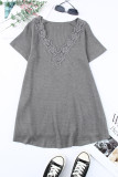Gray Lace Crochet Waffle Knit Ruffled V Neck Top