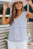 Blue White Striped V Neck Ruffles Tank
