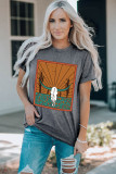 Gray Western Steer Skull Graphic Print Crew Neck T Shirt