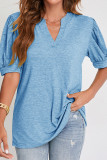 Plain V Neck Puff Short Sleeves Top