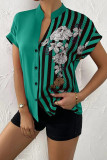 Color Block Striped Floral Print Button Blouse