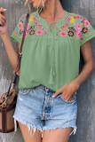 Split Collar Emboridery Floral Splicing Top