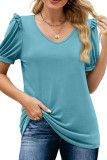 V Neck Plain Puff Short Sleeves Top