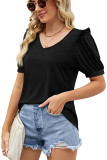 V Neck Plain Puff Short Sleeves Top