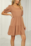 Plain Square Neck Bubble Sleeves Tiered Jersey Dress