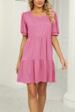 Plain Square Neck Bubble Sleeves Tiered Jersey Dress