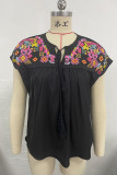 Split Collar Emboridery Floral Splicing Top