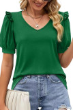 V Neck Plain Puff Short Sleeves Top