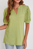 Plain V Neck Puff Short Sleeves Top