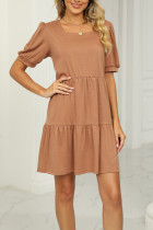 Plain Square Neck Bubble Sleeves Tiered Jersey Dress