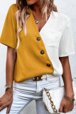 V Neck Buttoned Color Block Top