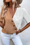 V Neck Buttoned Color Block Top
