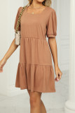 Plain Square Neck Bubble Sleeves Tiered Jersey Dress