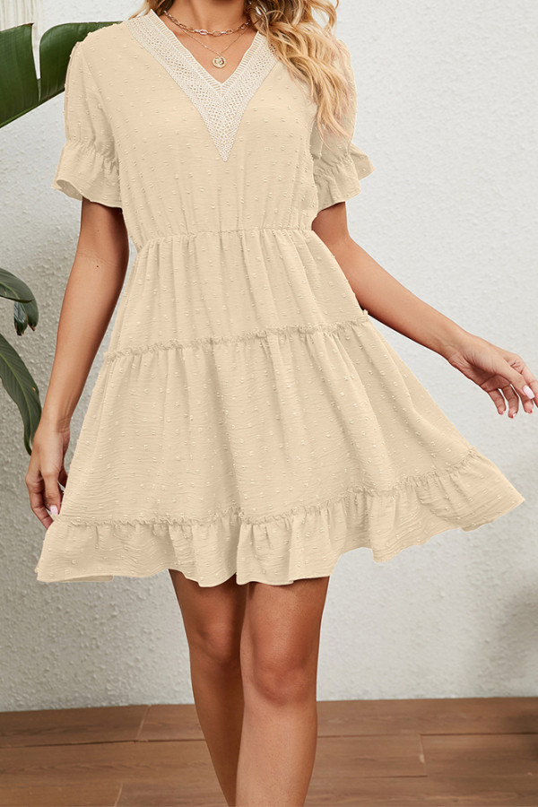 V Neck Lace Crochet Ruffle Mini Dress