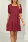 Plain Square Neck Bubble Sleeves Tiered Jersey Dress
