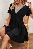 V Neck Lace Crochet Ruffle Mini Dress