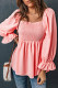Pink Square Neck Puff Sleeve Ruffled Peplum Top