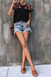 Split Collar Emboridery Floral Splicing Top