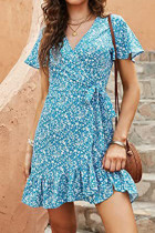 V Neck Side Tie Ruffles Hem Floral Dress