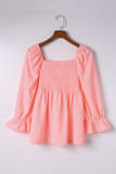 Pink Square Neck Puff Sleeve Ruffled Peplum Top