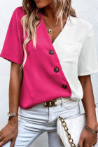 V Neck Buttoned Color Block Top
